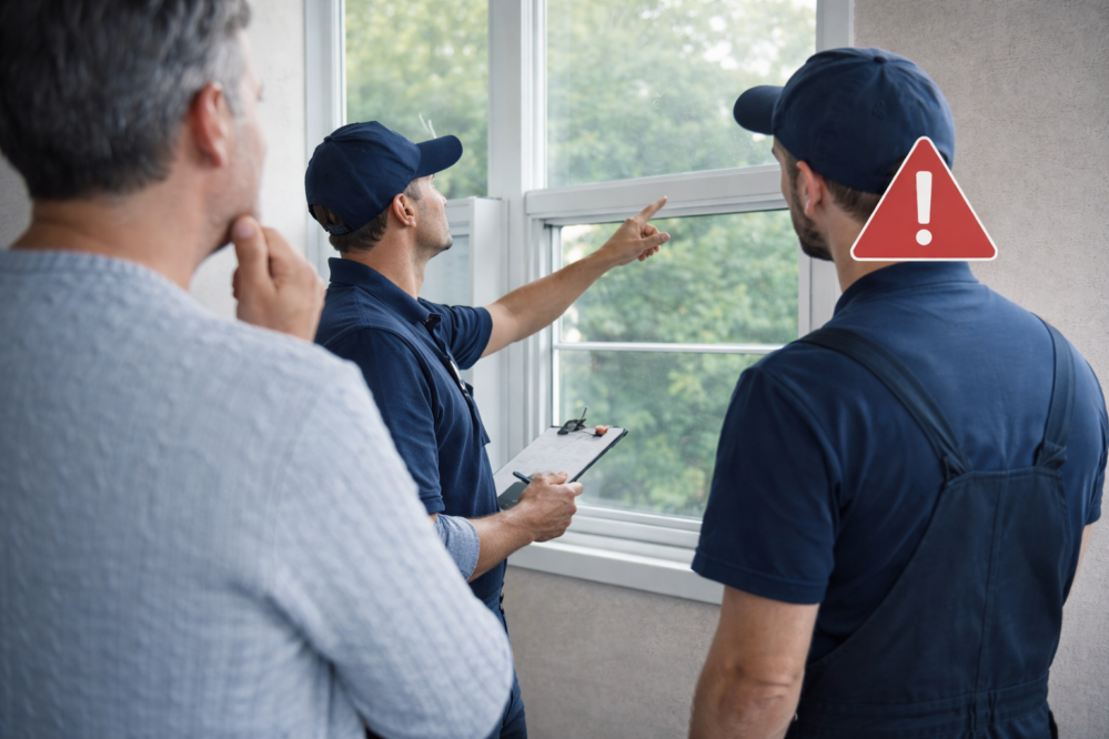 Contractors explaining window installation to homeowner to avoid costly window replacement mistakes in Fort Worth TX and East Tawakoni TX